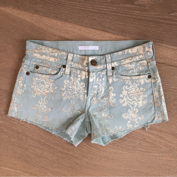 ⭐️7 for All Mankind⭐️Pastel Green Gold Metallic Print Denim Jeans Shorts Sz 24 - Picture 8 of 16